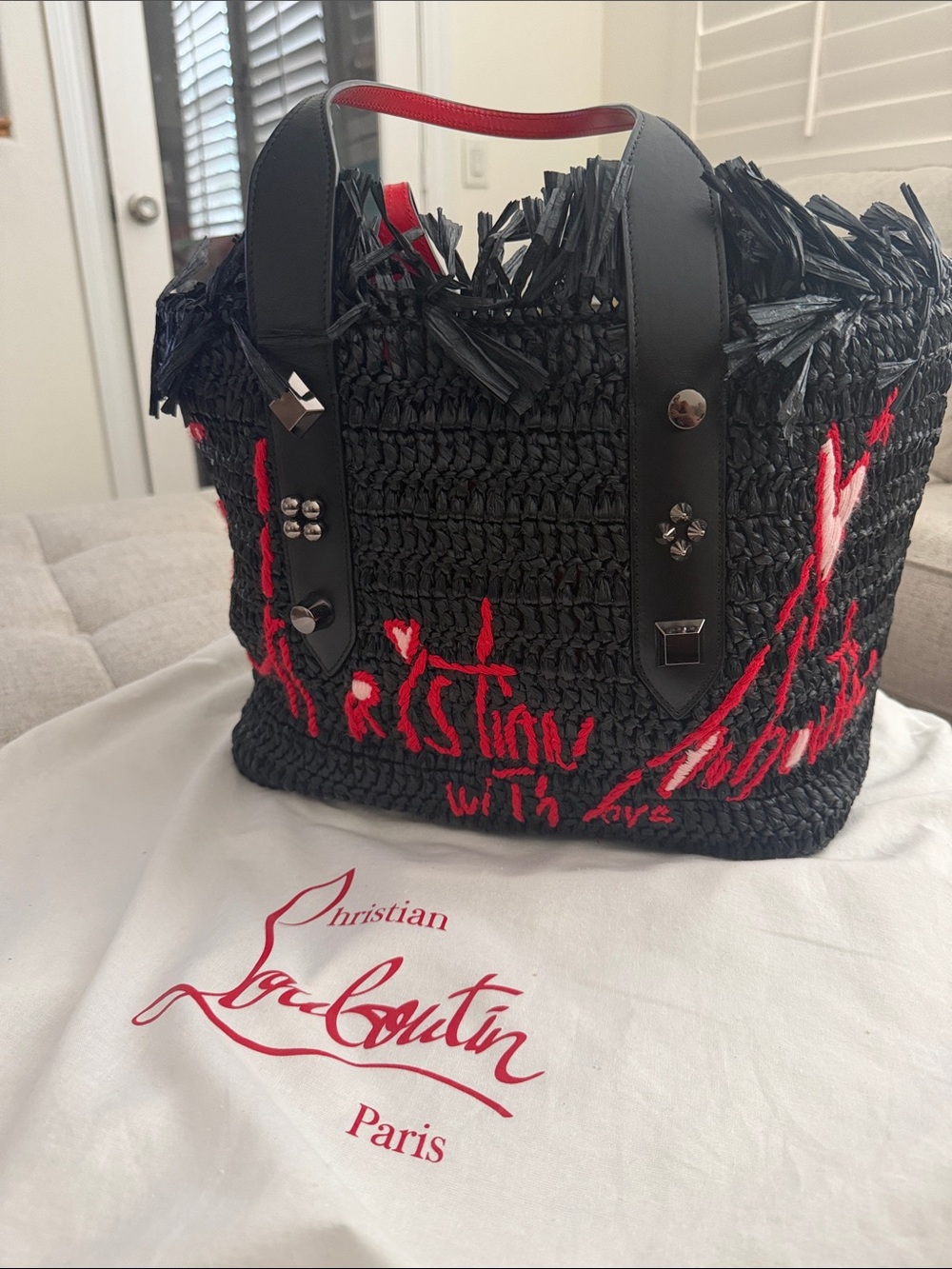 Christian Louboutin Black Raffia Tote with Red Script Embroidery